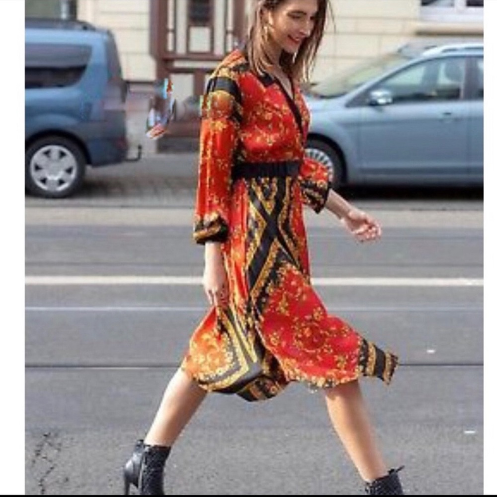 ZARA BLOGGERS FAV FLORAL SCARF PRINT FLOWING RED DRESS BRAND NEW WITH TAGS